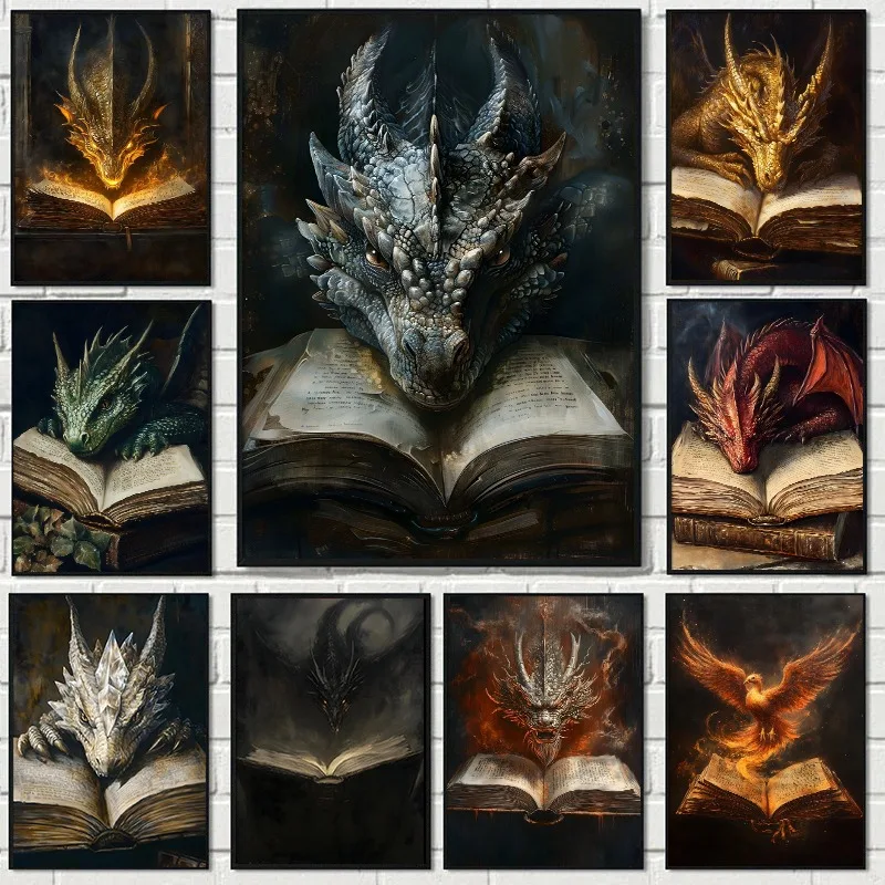 Photography Night - Large Dragon Reading Book Poster Gothic